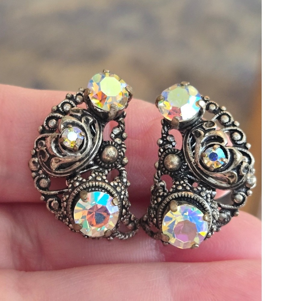 Aurora Borealis Earrings Filagree Silvertone Vintage